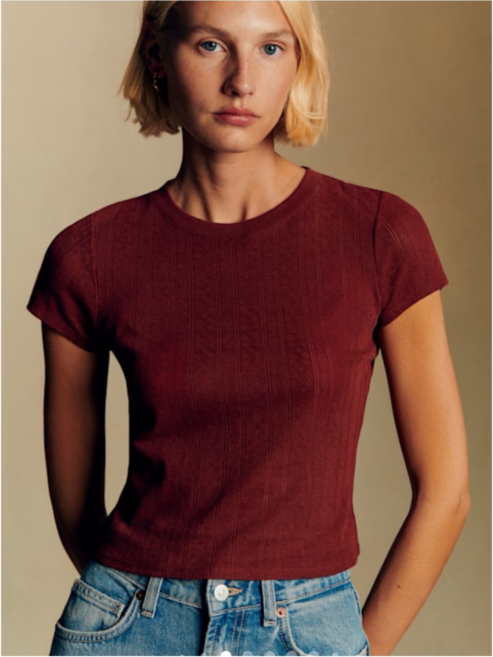 Sezane CAMIL T-SHIRT in BURGUNDY POINTELLE Size S ~ New No Tags - Picture 1 of 2